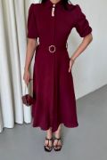 YAKA DÜĞME DETAYLI ELBİSE- Bordo resmi